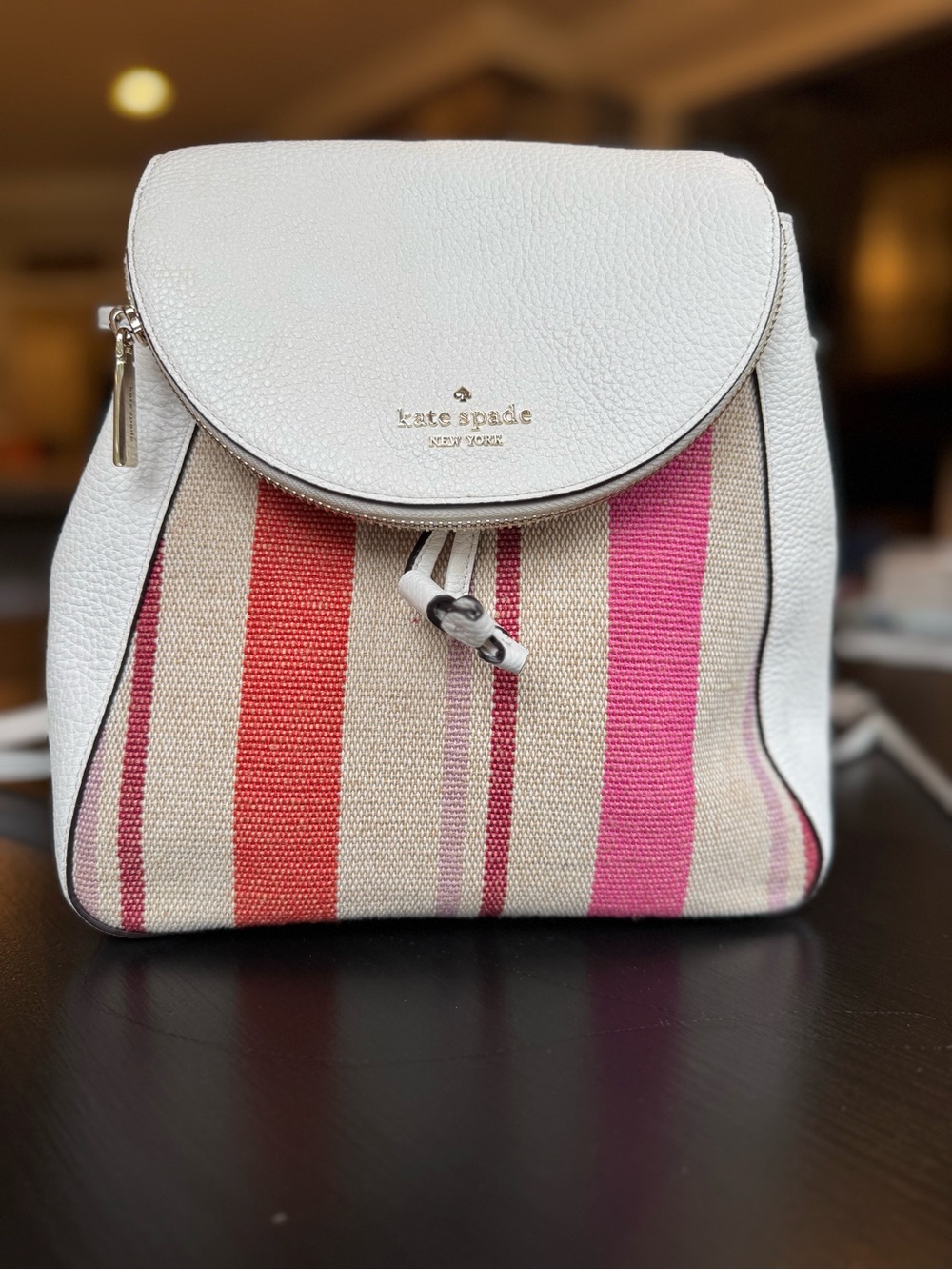 kate spade White Leather & Pink/Red Striped Canvas Mini Backpack